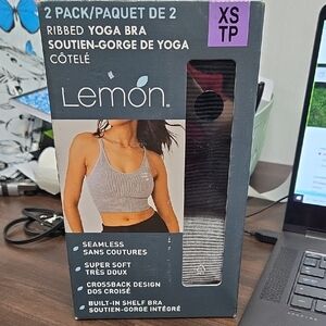 Lemon Size XS Grey and Black 2 Pack of Ribbed Yoga Bras